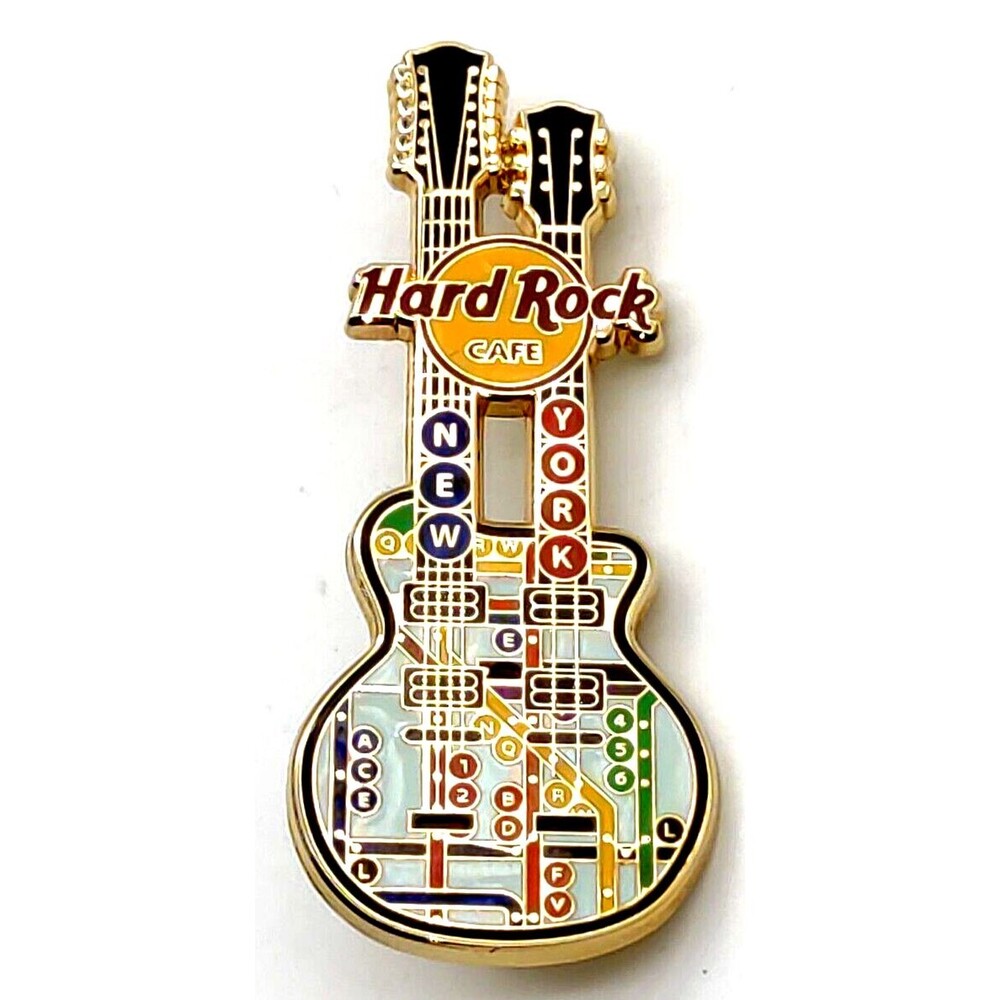 HARD ROCK CAFE HAT LAPEL SCATTER PIN NEW YORK DOUBLE NECK GUITAR SUBWAY MAP